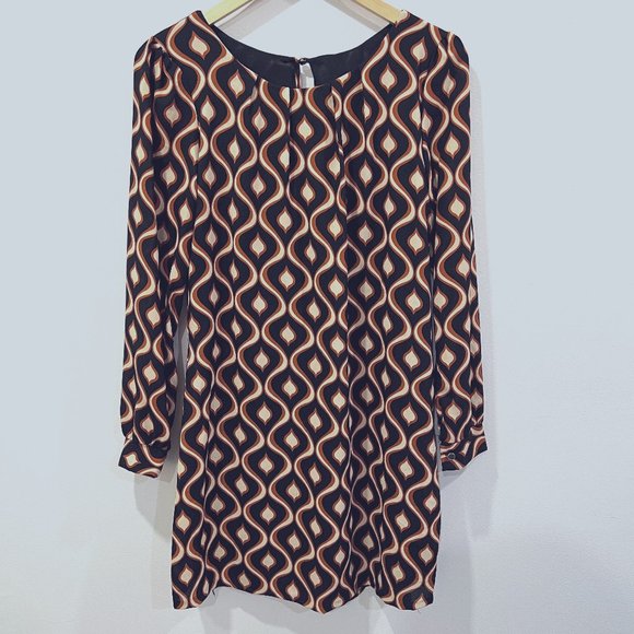 Moda Italia Black Brown Retro Long Sleeve Shift Dress Size S - Picture 1 of 4